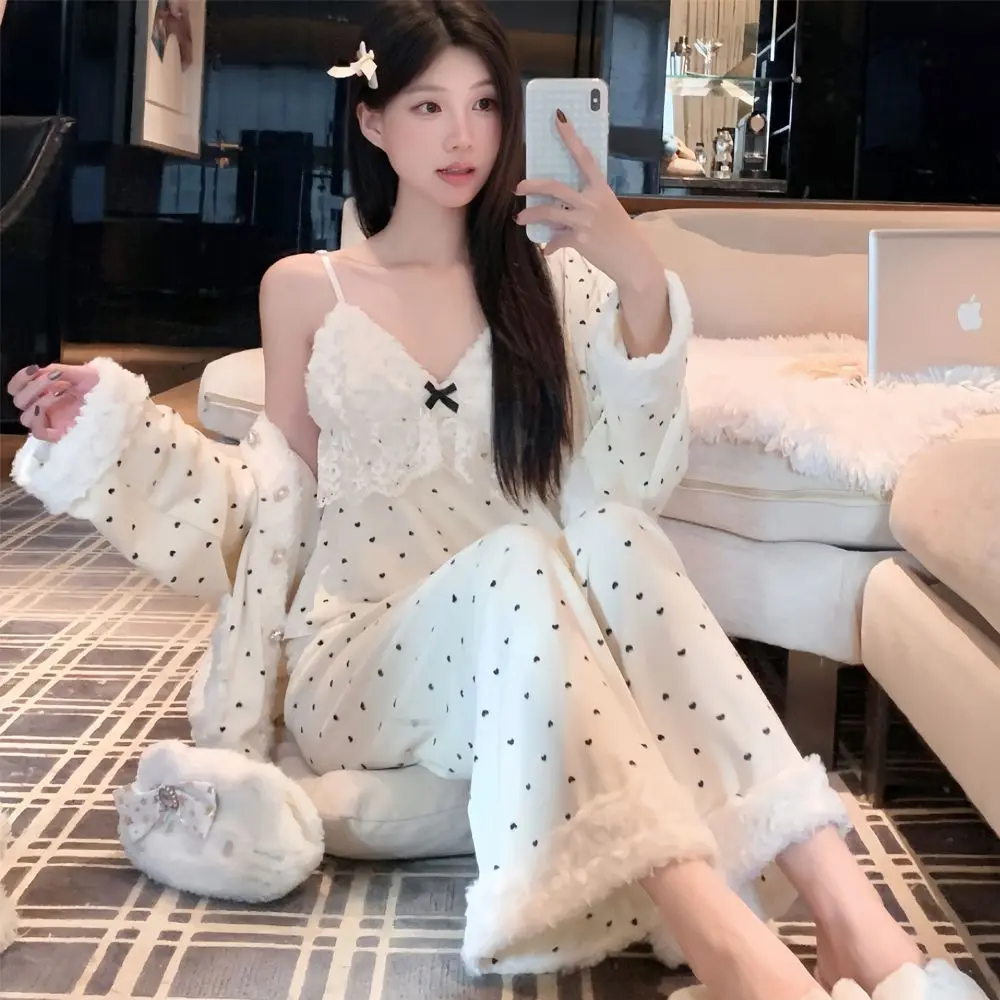 3pcs Island Flannel Sleepwear Women's Autumn/Winter Pure Desire Halter Top Bustier Warm Long Sleeve Show White Slim HomeWear