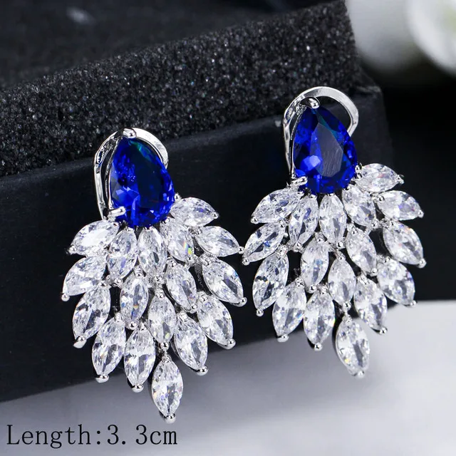 JMK Luxury Blue Crystal Cubic Zircon Stud Dangle Earrings For Women Bridal Wedding Silver Plated Party Accessories Jewelry