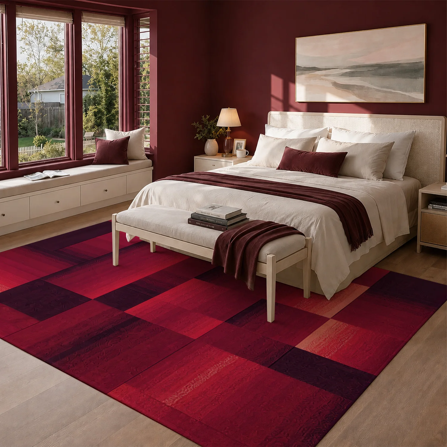 Large Indoor Area Rug, Soft Velvet Low Pile with Non-slip Dotted Backing, Machine Washable, Modern Geometric Red Block Pattern, Ideal for Living Room, Bedroom, Entryway Home Decor