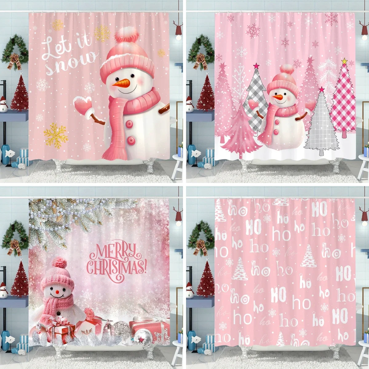 

Pink Christmas Shower Curtain Snowman Christmas Tree New Year Gift Polyester Fabric Home Bath Curtains Bathroom Decor With Hooks