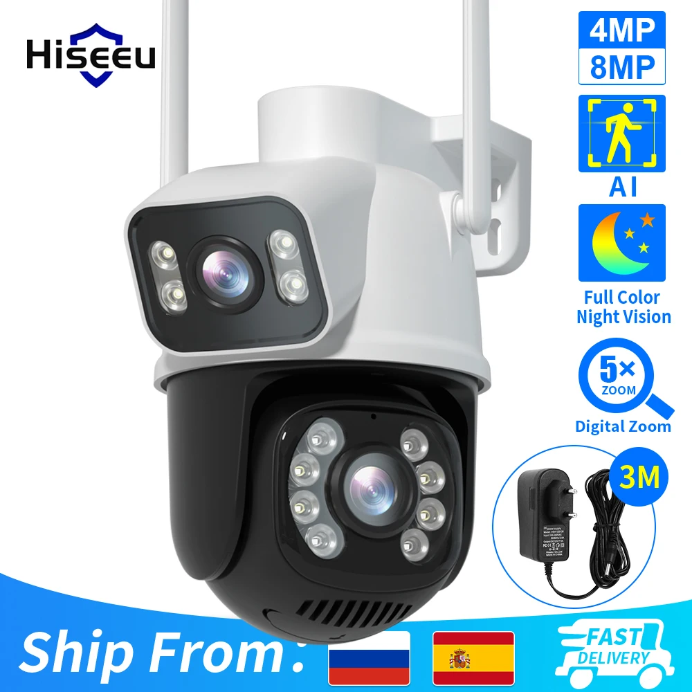 Hiseeu 4K 8MP PTZ Wifi Telecamera IP Doppia Lente Zoom 5X AI Rilevamento Umano ONVIF Telecamere di Sorveglianza Wireless CCTV Protezione di Sicurezza