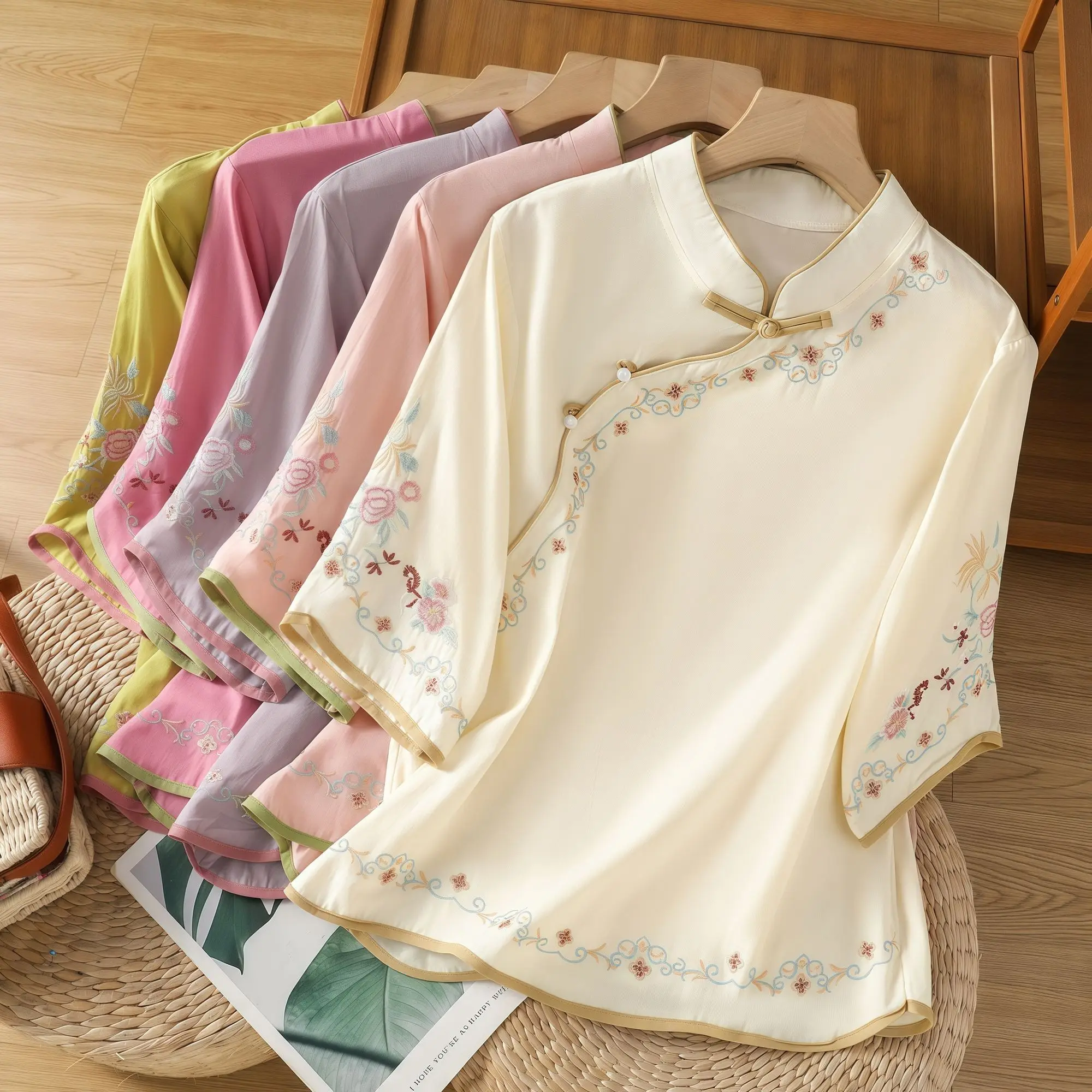 

Chinese Style Embroidered Peony Slant Collar Loose Tummy-Hiding Tea Shirt Literary Stand Collar Retro New Chinese Women Blouse