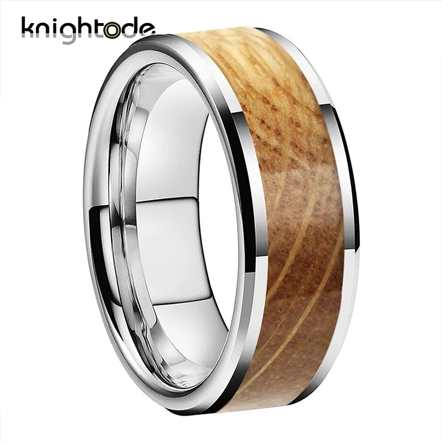 8mm 4 Colors Tungsten Rings Whiskey Oak Wood Inlay for Men Women Engagement Wedding Bands Beveled Edges Polished Dropshipping