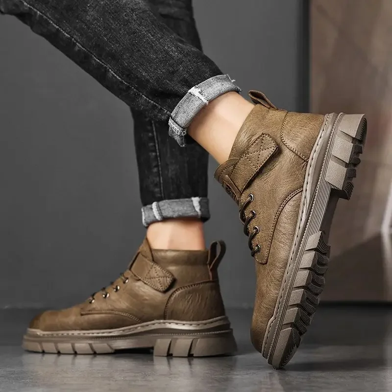 Men's Shoes 2025  Autumn New High Top British Style Mid Top Leather Boots Workwear Waterproof Elevated Men's Climbing Boots