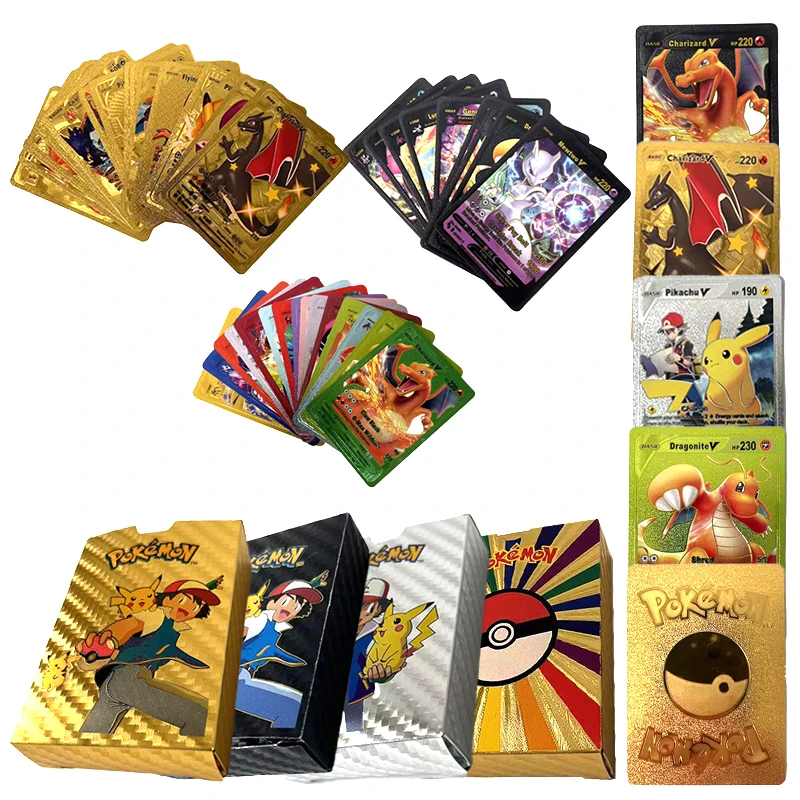 15-55pcs Pokemon Gold Pikachu Cards Box Golden Silver Spanish French English Charizard Cards Rare Collection Battle Card Toys