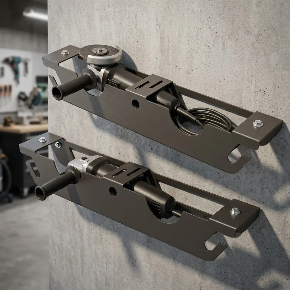 Black Wall Mount Tool Organizer for Angle Grinders - Cold Rolled Steel Bracket 40x6.5x6.8cm with Multi Slot Design