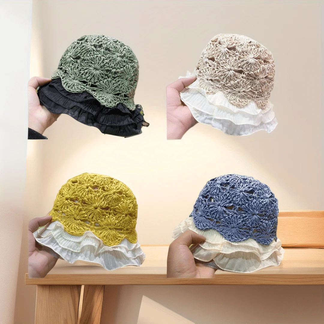 

Fashion Fisherman Hat with Lace Edge & Hollow Design, Breathable Solid Color Straw Sun Hat for Women Outdoor Travel Cycling