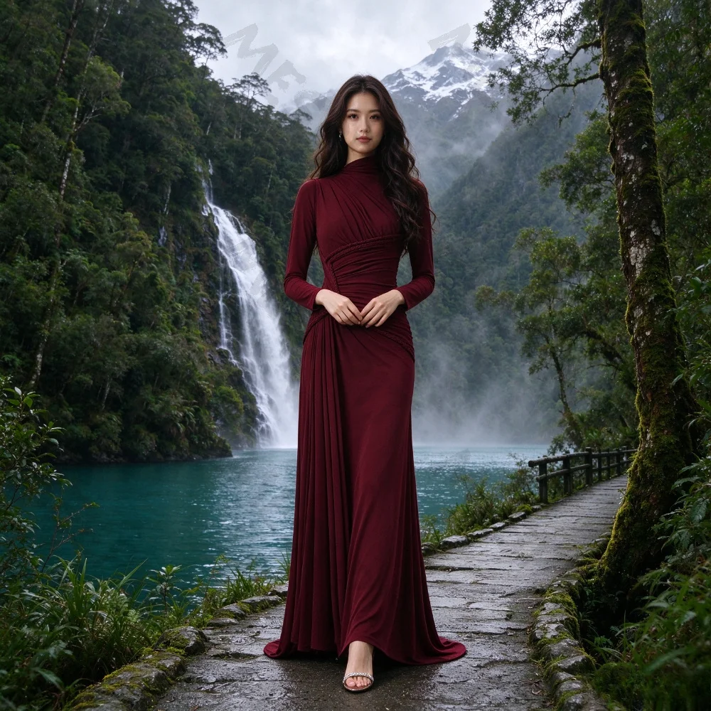 Customized Knitted Mermaid Long Sleeves Evening Dress 2026 Burgundy High Collar Folded Slimming Ball Gown Suitable for Parties