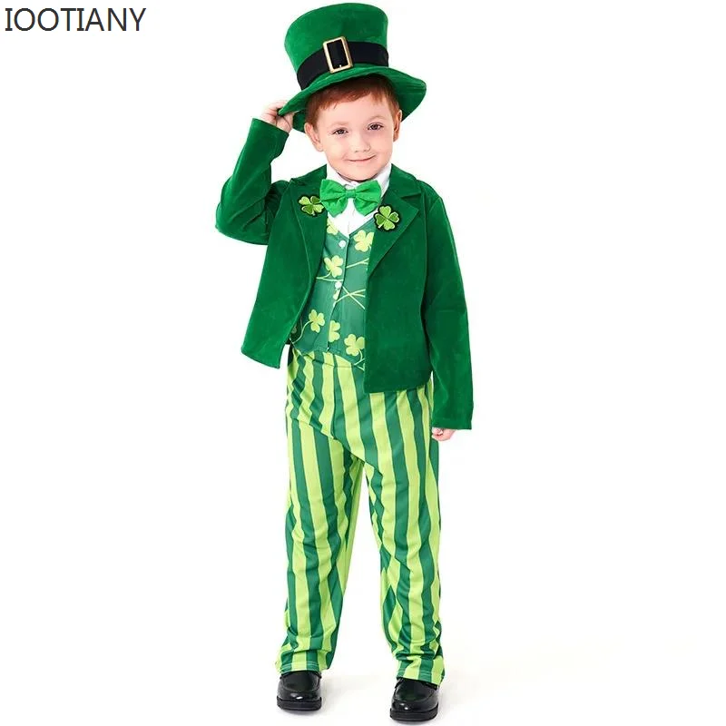 

IOOTIANY New Kids St. Patrick's Day Costume Halloween Carnival Irish Leprechaun Party Costumes Green Clover Petticoat Dress Up