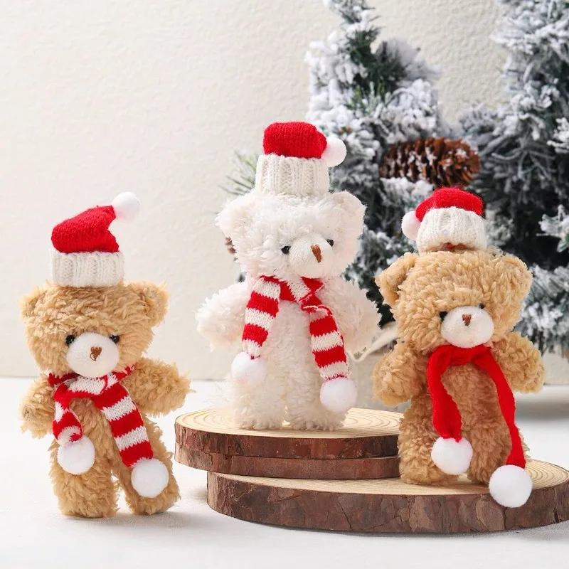 1Pcs Mini Christmas Bear Plush Doll Toys Scarf Bear Soft Stuffed Toy Christmas Tree Cake Home Decor DIY Bouquet Ornament