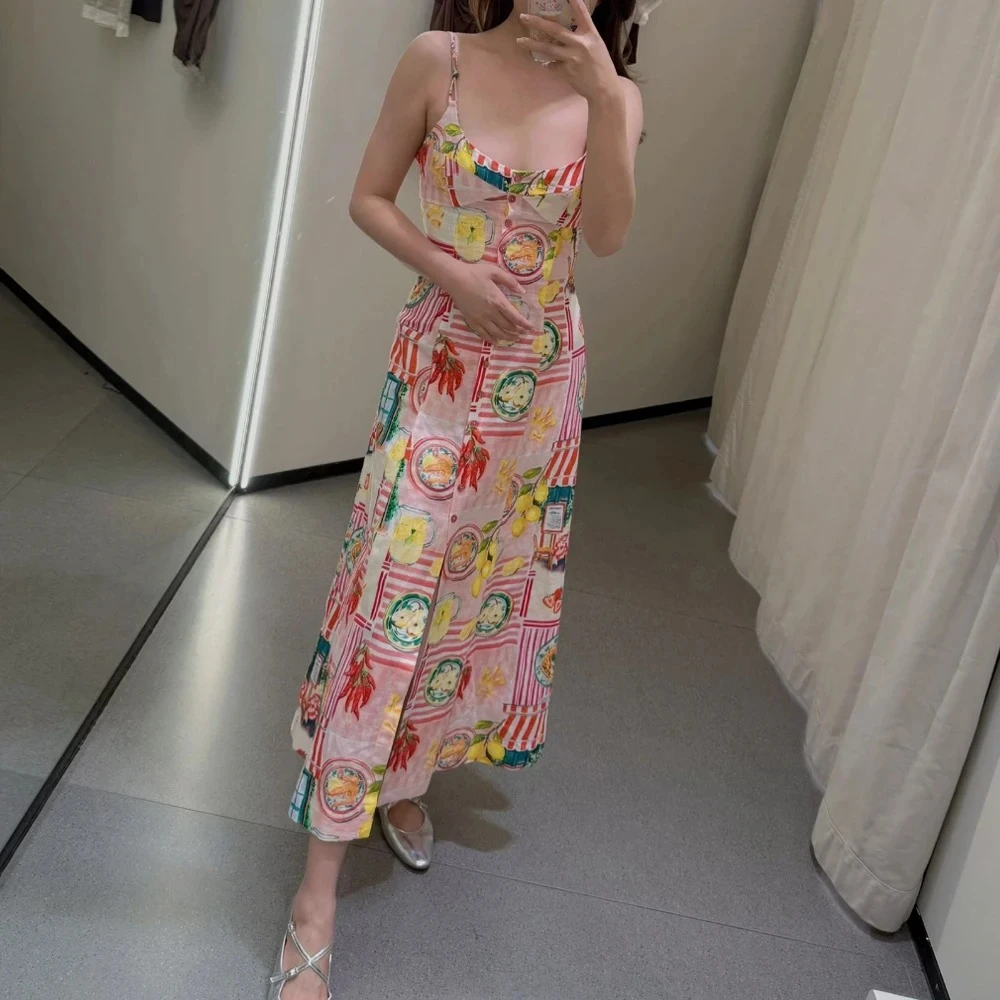KONDALA Chic Sexy Stampa Y2K Patchwork Donna Abiti Moda 2025 Vacanza Estiva Pulsante Arco Cami Dress Lungo Mujer Beach Abiti