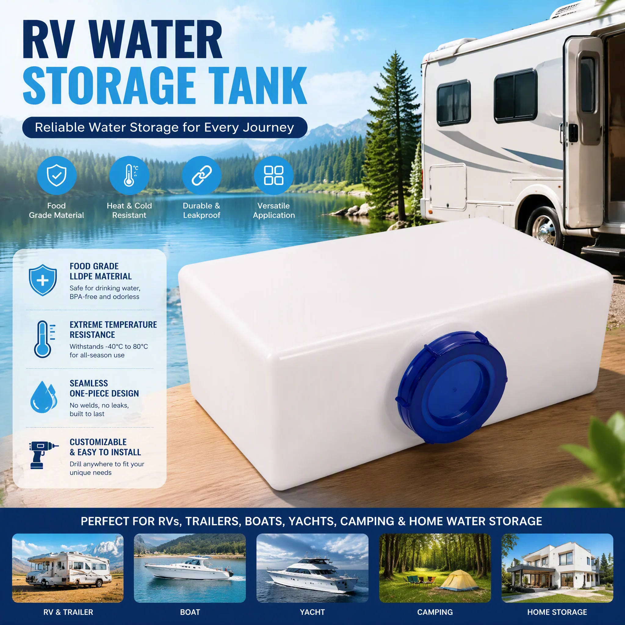 5 Sizes 3/5/10/12/16 Gallons RV Water Storage Tank Heat Cold Resistant PE Fresh Water Tank for Trailer Boat Yacht Accessories