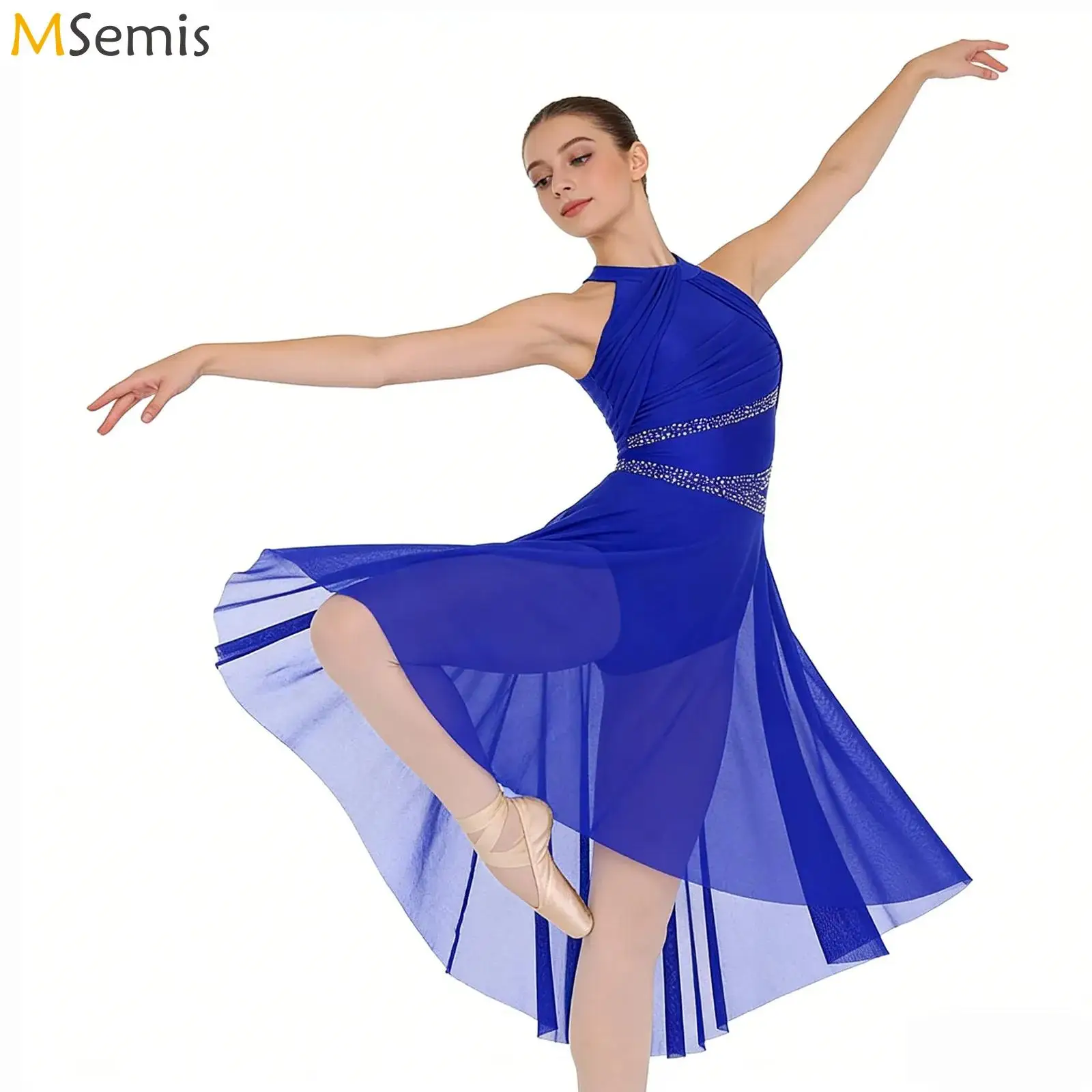 Womens Ladies Gymnastics Leotard Ballet Dancewear Rhinestones Lyrical Contemporary Dance Ruched Dress Stage Performance Costume