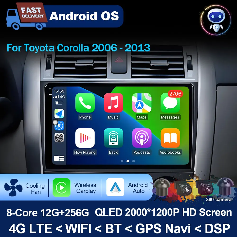 

Автомобильный радиоприемник с 9-дюймовым экраном QLED для Toyota Corolla 2006-2013, беспроводной мультимедийный плеер Carplay GPS Navi, Wi-Fi BT DSP 4G, аксессуары