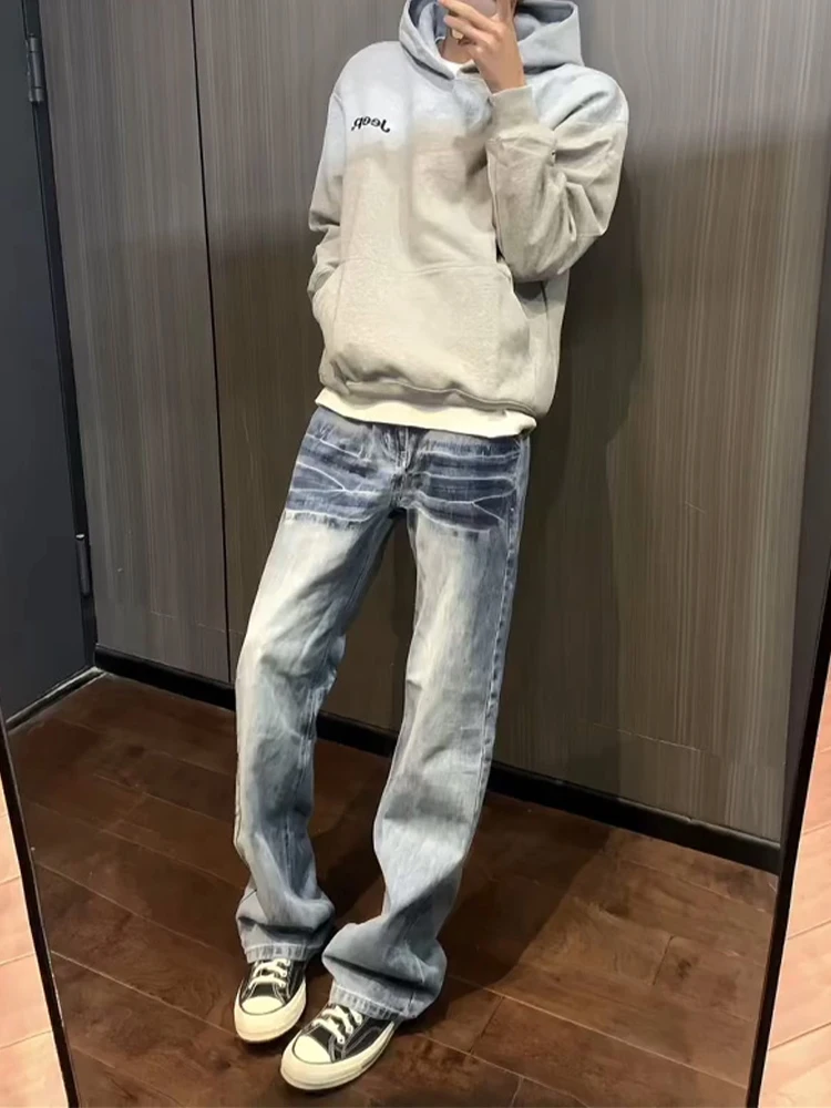 

Cleanfit Straight Leg Jeans Men's Autumnal Waed Lightning Pattern Bell Bot American High Street Vibe Travel Casual Jeans