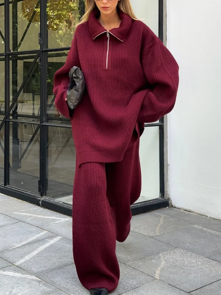 Casual Lapel Zipper Soft Women\'s Pullover Suit Fashion Loose Red Wide Oversized Long Pants Sets 2024 Lady Christmas Streetwears