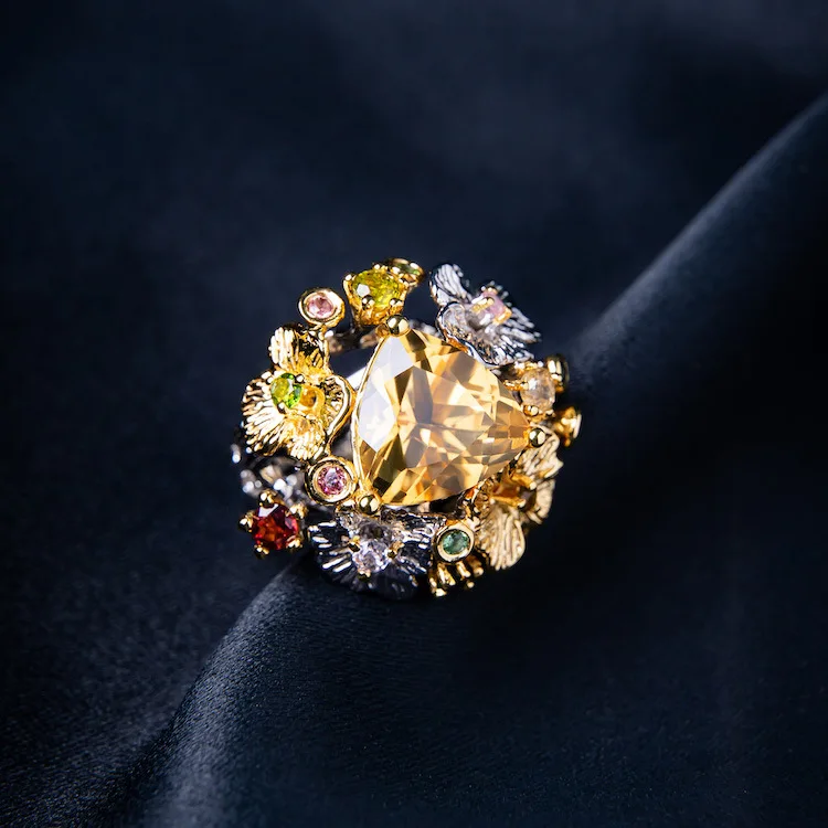 Imitation natural citrine colored gemstone silver ring jewelry craftsmanship bright high-end open ring