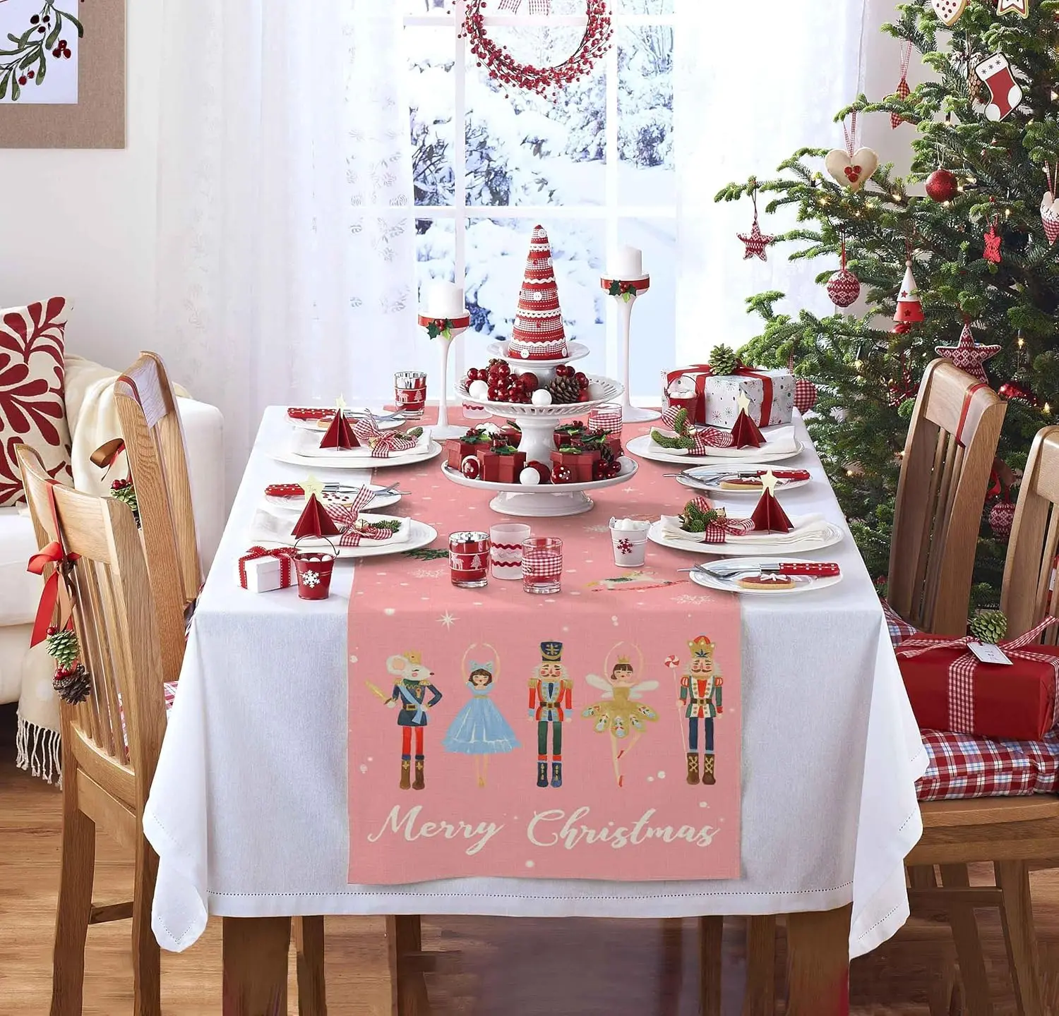 Christmas Nutcracker Pink Linen Table Runner Holiday Party Decor Winter Xmas Kitchen Dining Table Runner Christmas Decorations