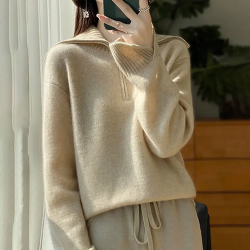 Autumn Winter Commute Vintage Loose Sweaters Fashion Solid Jumper Women Zipper Turn-down Collar Wool Knitted Pullovers