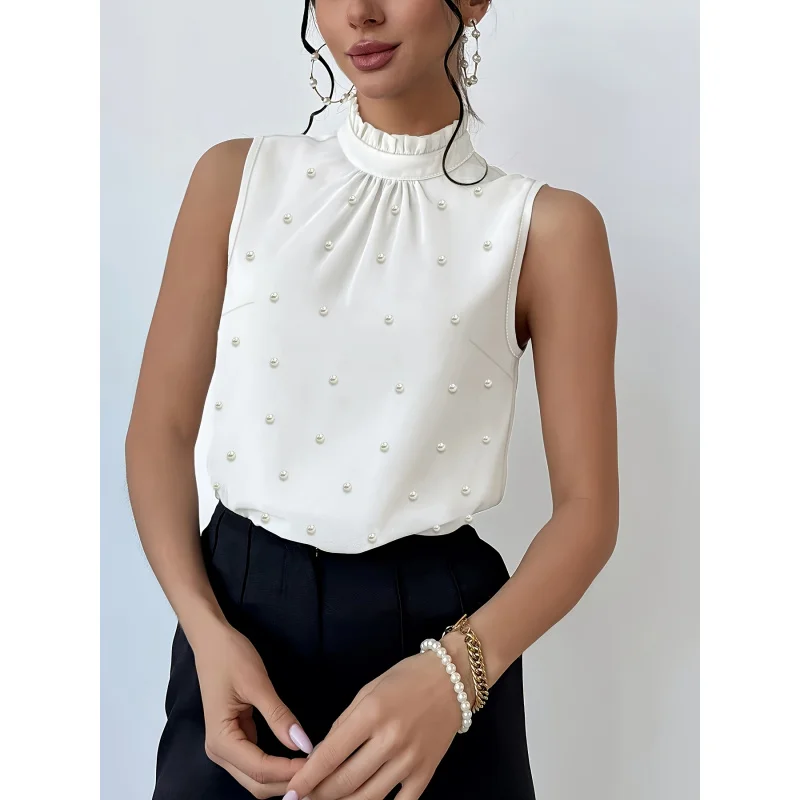

Women's Elegant Pearl Embellished Sleeveless Wedding Banquet Shirt - White Pearl Button Front Stand