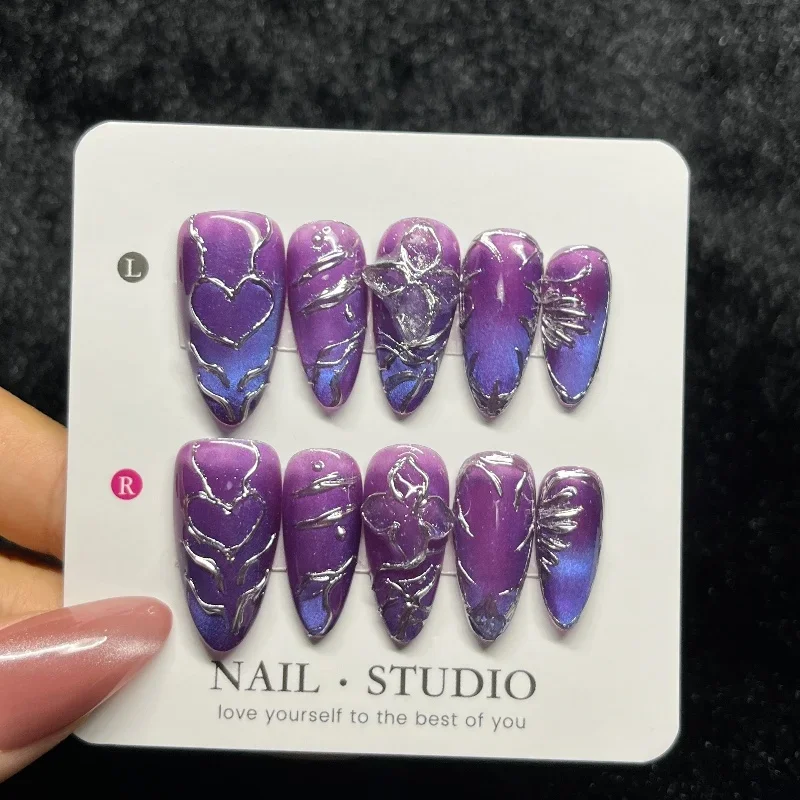 

10PCS Sweet Cool Purple Almond Press on Nails Metallic Silver Heart Patterns Handmade Flowers Fake Nails Y2k Nail Tips Wearable