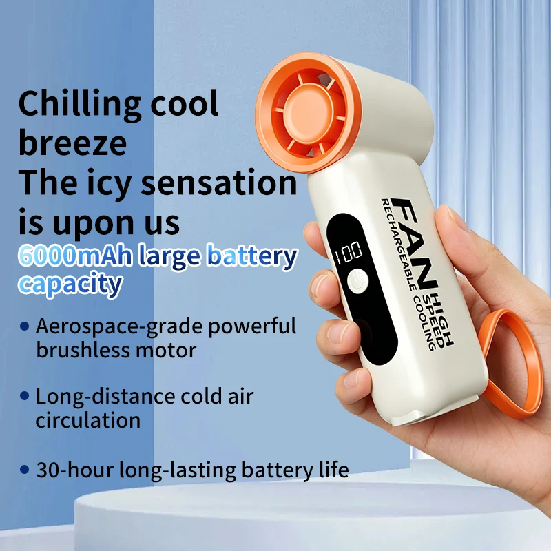 Mini Fan Handheld Digital Display Long Range Outdoor Camping Dormitory Home Multi functional Portable Backup USBC Charging Cable