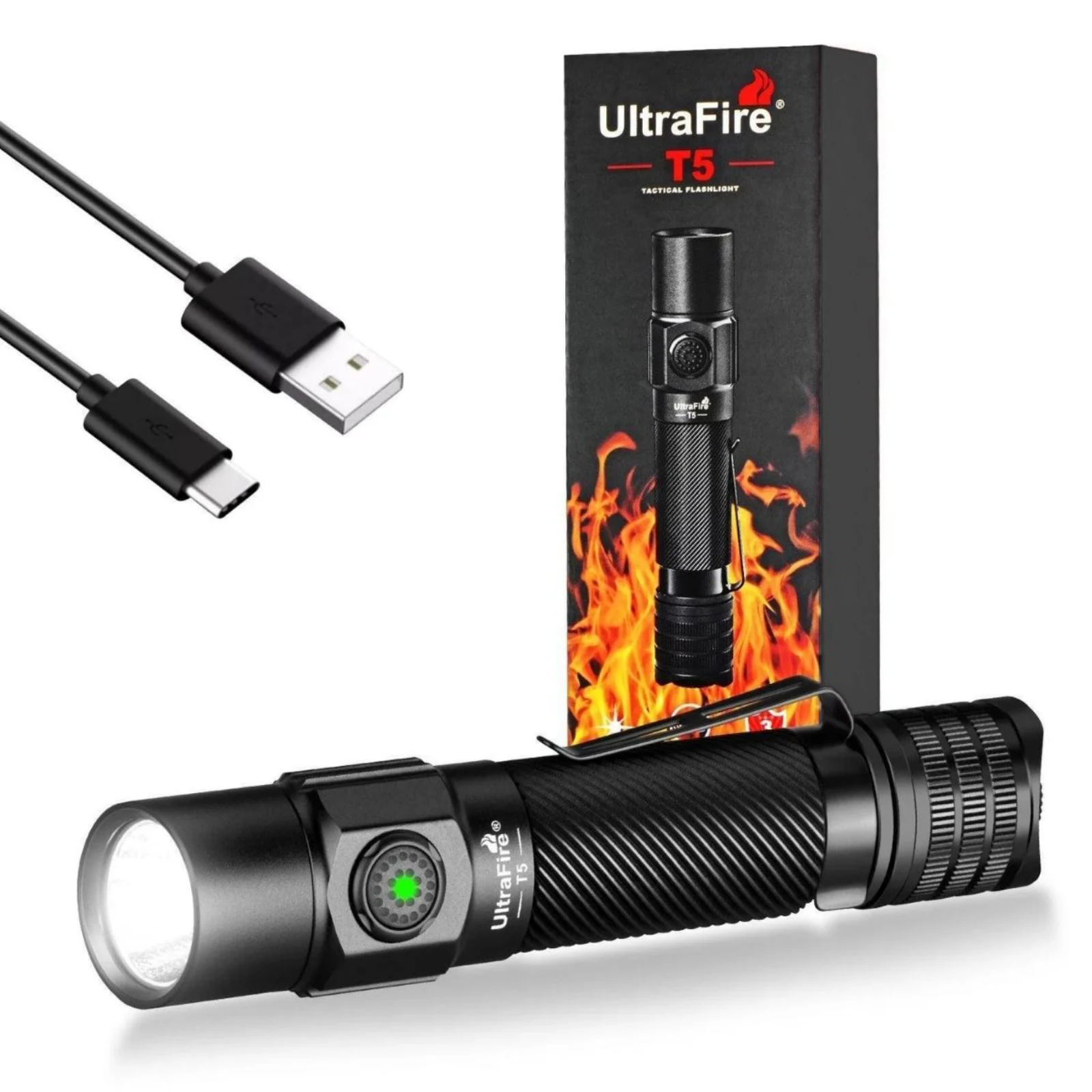 

UltraFire T5 1800 люмен полицейский тактический фонарь мощный 18650 USB C аккумуляторный 276 метровый луч военный лампа с двойным переключателем