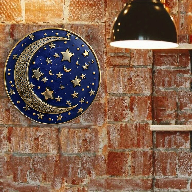 Celestial-Aluminum Metal Sign, Round Disk Wall Decoration with Stars and Moon Pattern, Wall Art, Home Decor, 8in, 11.8in, 1PC