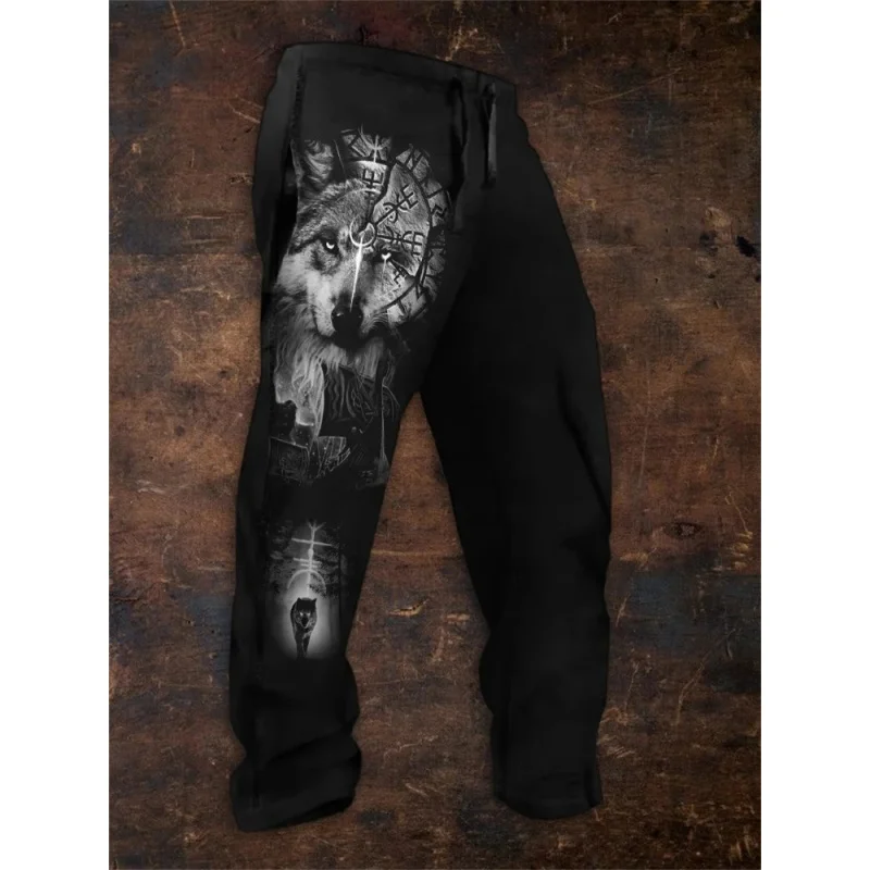 Men's Viking retro Nordic smart wolf 3D printed casual pants drawstring straight leg pants summer beach pants