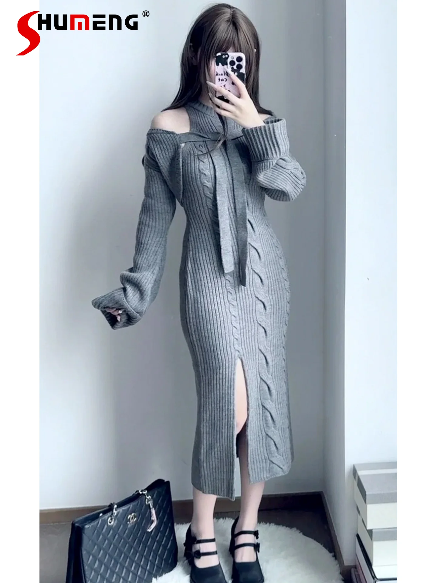 

Japanese Style Elegant Fashion Sexy Off-Shoulder Long Sleeve Round Neck Bow High Waist Bodycon Split Knitted Dress Women Autumn