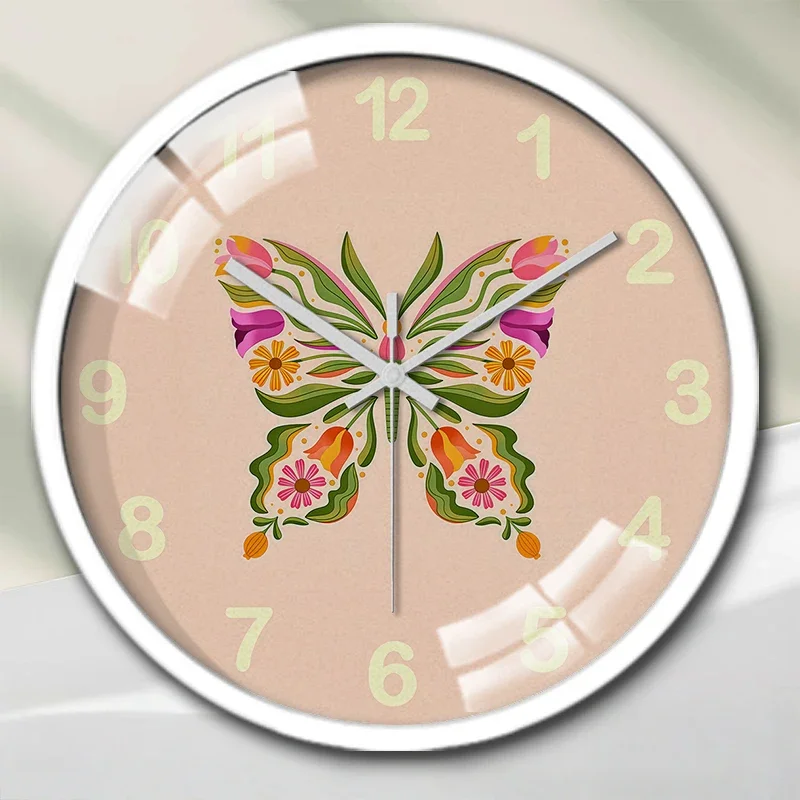 Botanical Butterfly Cartoon Round Silent Hanging Wall Clock,Suitable For Living Room,School,Study Room,Bedroom,Children's Gifts.