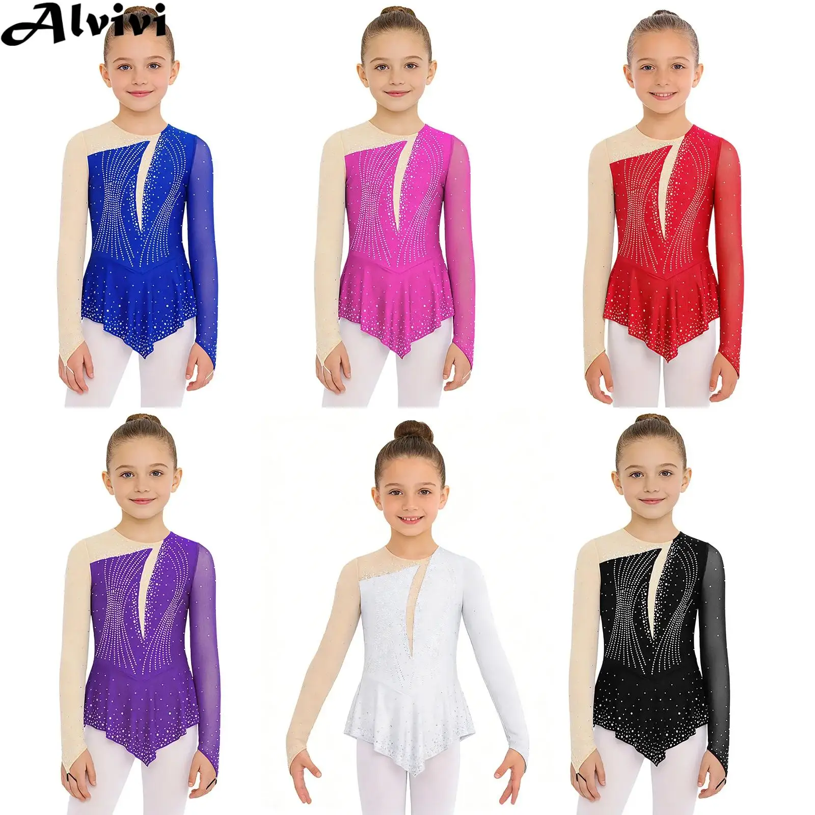 Kids Girls Long Sleeves Shiny Rhinestones Mesh Figure Skating Leotard Dress Rhythmic Gymnastics Acrobatics Ballet Dance Costume