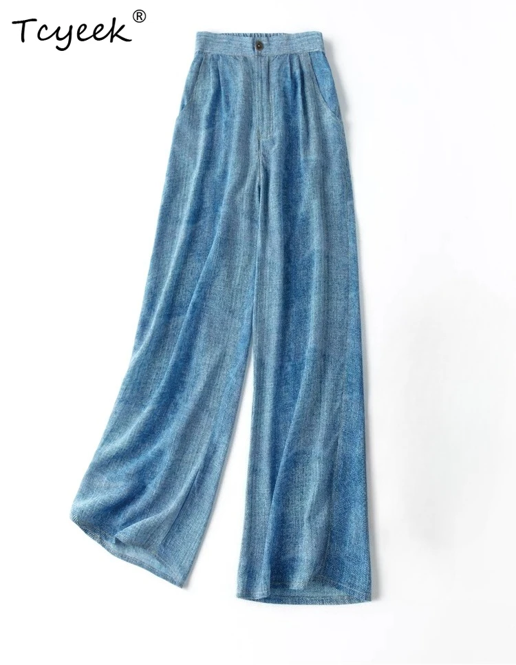 

Tcyeek 100% Real Mulberry Silk Pants for Women Summer Clothes Elastic Waist Straight Pants Woman Casual Fashion Pantalones Mujer
