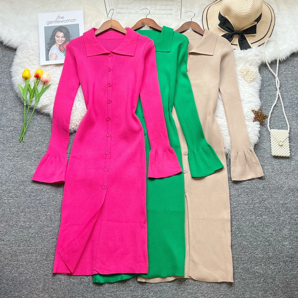 YuooMuoo Frauen Kleid 2025, Herbst Elegante einreiher Hemd Pullover Kleid Koreanische Mode Dame Sexy Paket Hüften Party Kleider