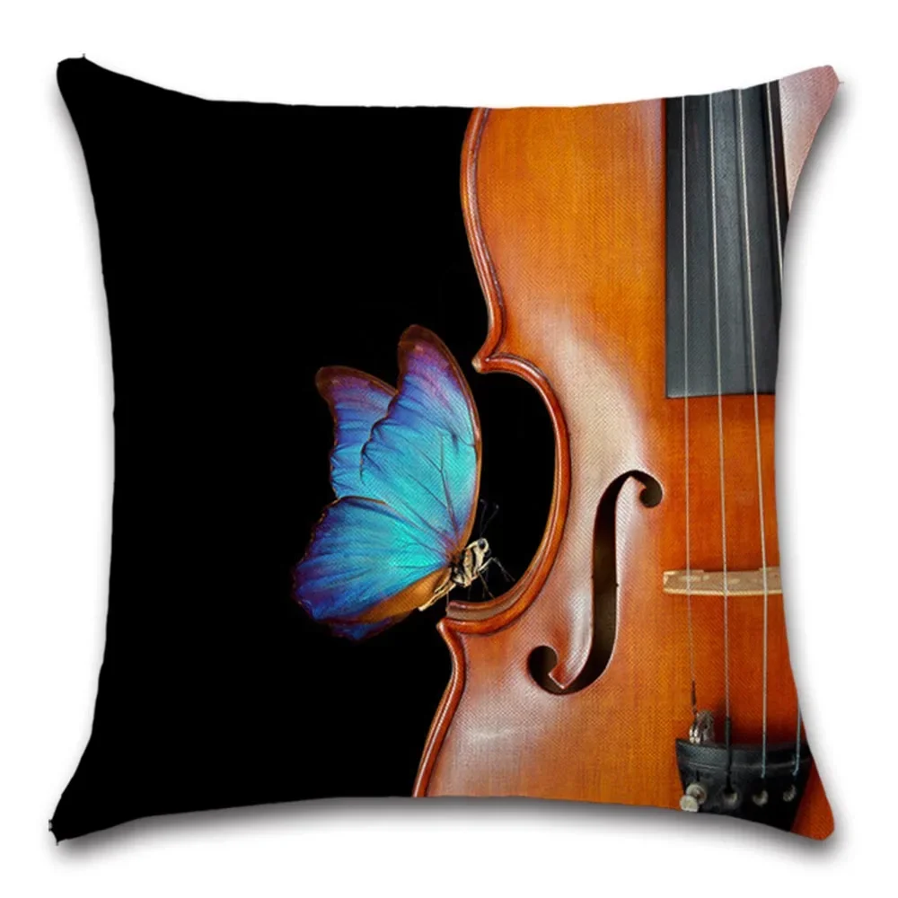 Music Instrument Violin Printed Decorative Cushion Cover Home Sofa Square Pillowcase Cotton Linen Pillow Cover Bedroom Car Decor