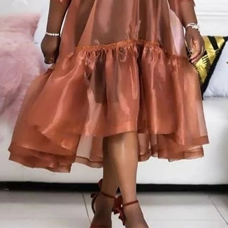 Plus Size Semi Formal Midi Dresses Casual Brown Fall Winter V Neck 3/4 Sleeve Flounce Organza Midi Dresses