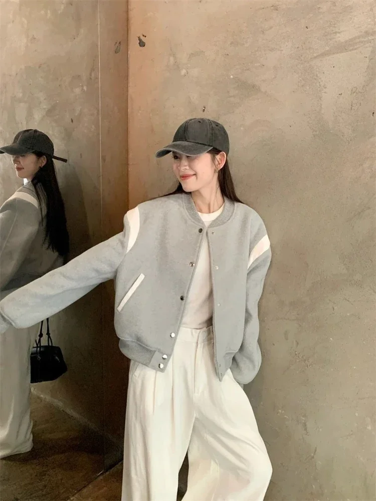  سترة بيسبول قصيرة صديقة للصغير لخريف وشتاء 2025 معطف كاجوال رمادي عتيق متعدد الاستخدامات لملابس الشارع المكتبية #5