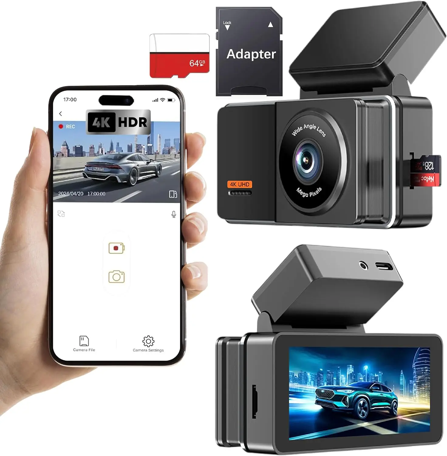 

4K Dual Cam with 5G WiFi, 3.7' IPS Screen, Night Vision, Loop Recording, G-Sensor, WDR, Voice Control, 64GB SD Included