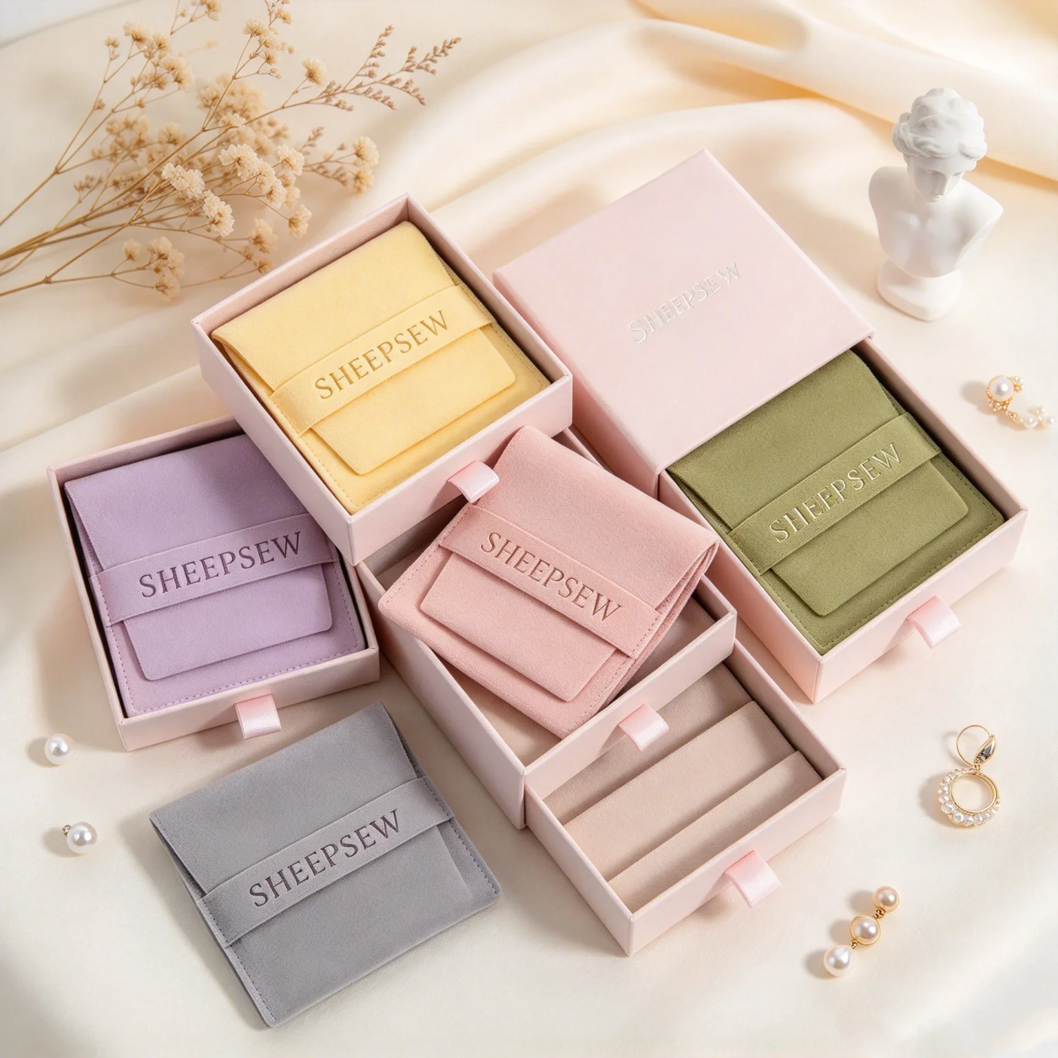 SHEEPSEW 24/50/100Pcs Custom Logo Pink 7x7x1.7cm Sliding Drawer Jewelry Box with 6.2x6.2cm Microfiber Flap Bag Gift Packaging fo