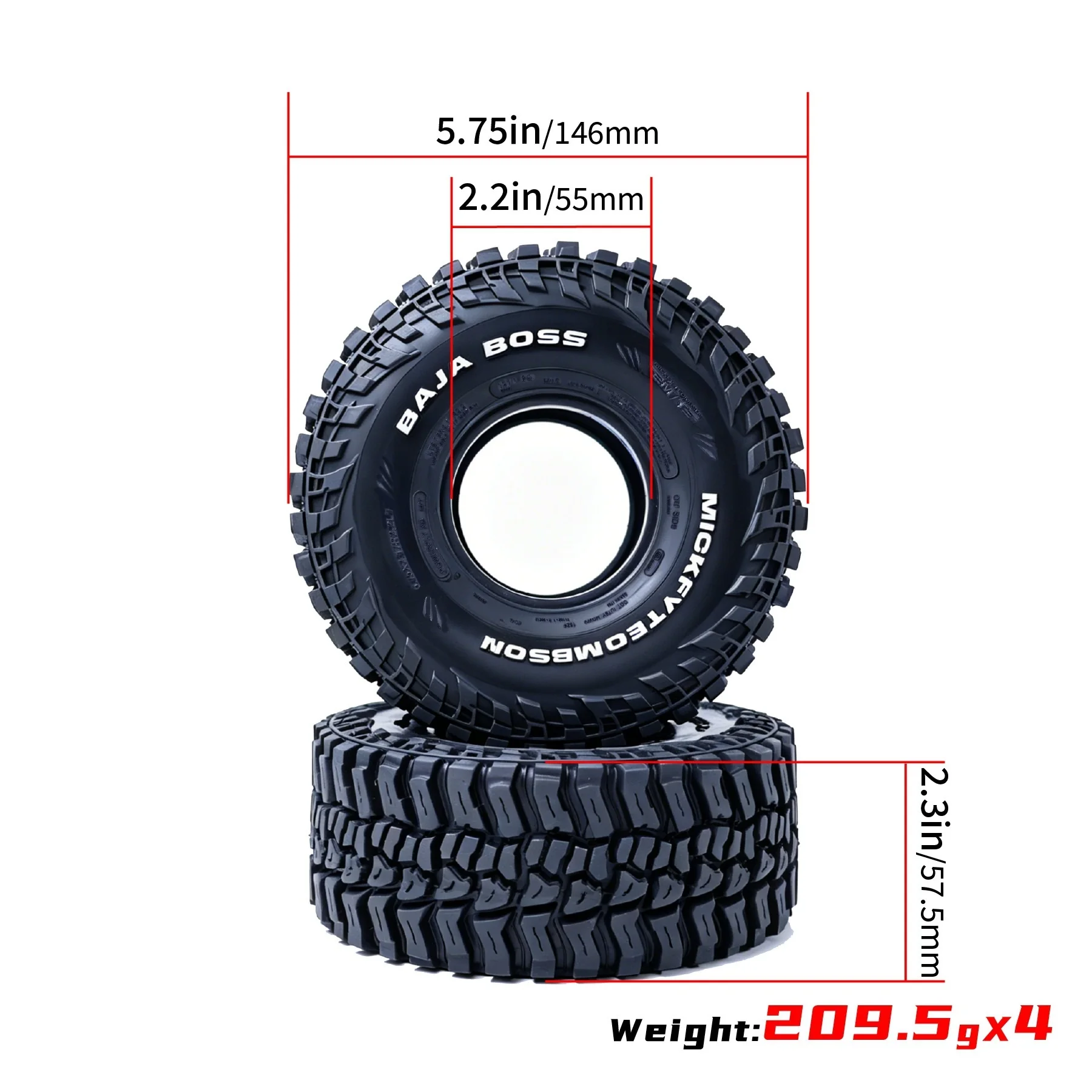 2.2 Inch Durable Rubber All‑Terrain Crawler Tires 146x57mm for 1/8 1/10 RC Crawler Axial SCX10 Wraith Capra TRX4 YK4082 H8H