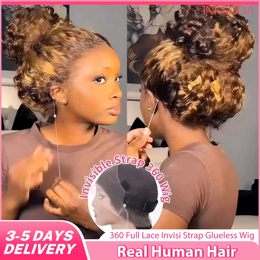 

Парик Honey Blonde 360 Full Lace с эффектом высокой светости, кудрявые волосы из натурального человеческого волоса, предварительно выщипанные, глубокая волна, без клея, невидимый ремешок, парик с фронтальной шнуровкой