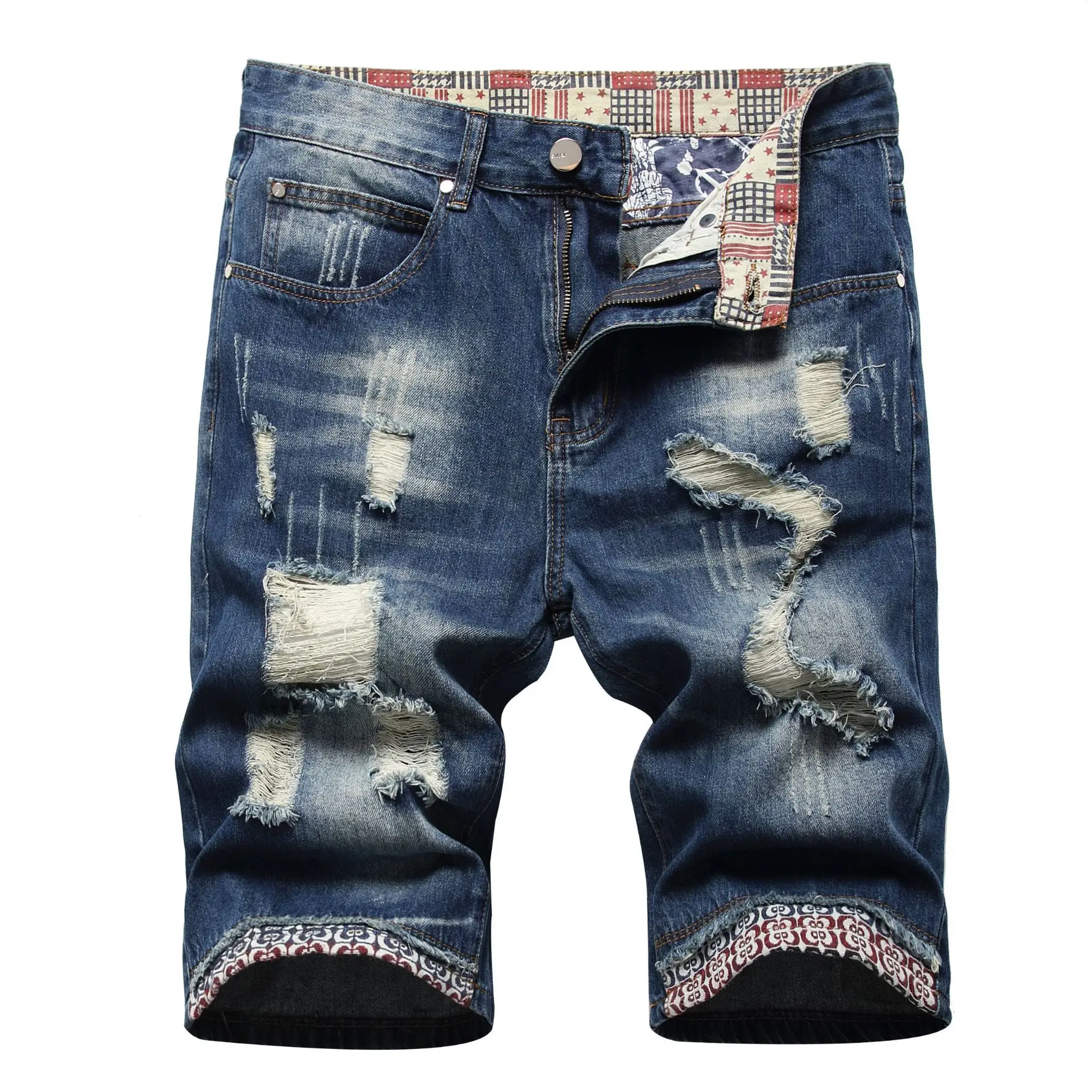 Europe and the United States fashion hole beggar three-dimensional cat beard floral cloth color flag pant straight leg jeans men