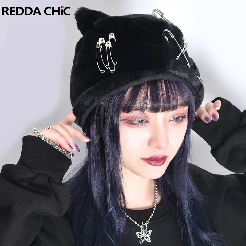

REDDACHiC Women Furry Cat Ears Beanie Black Goth Cross Pin Faux Fur Plush Bonnet Y2k Hat Ear Protection Windproof Winter Cap