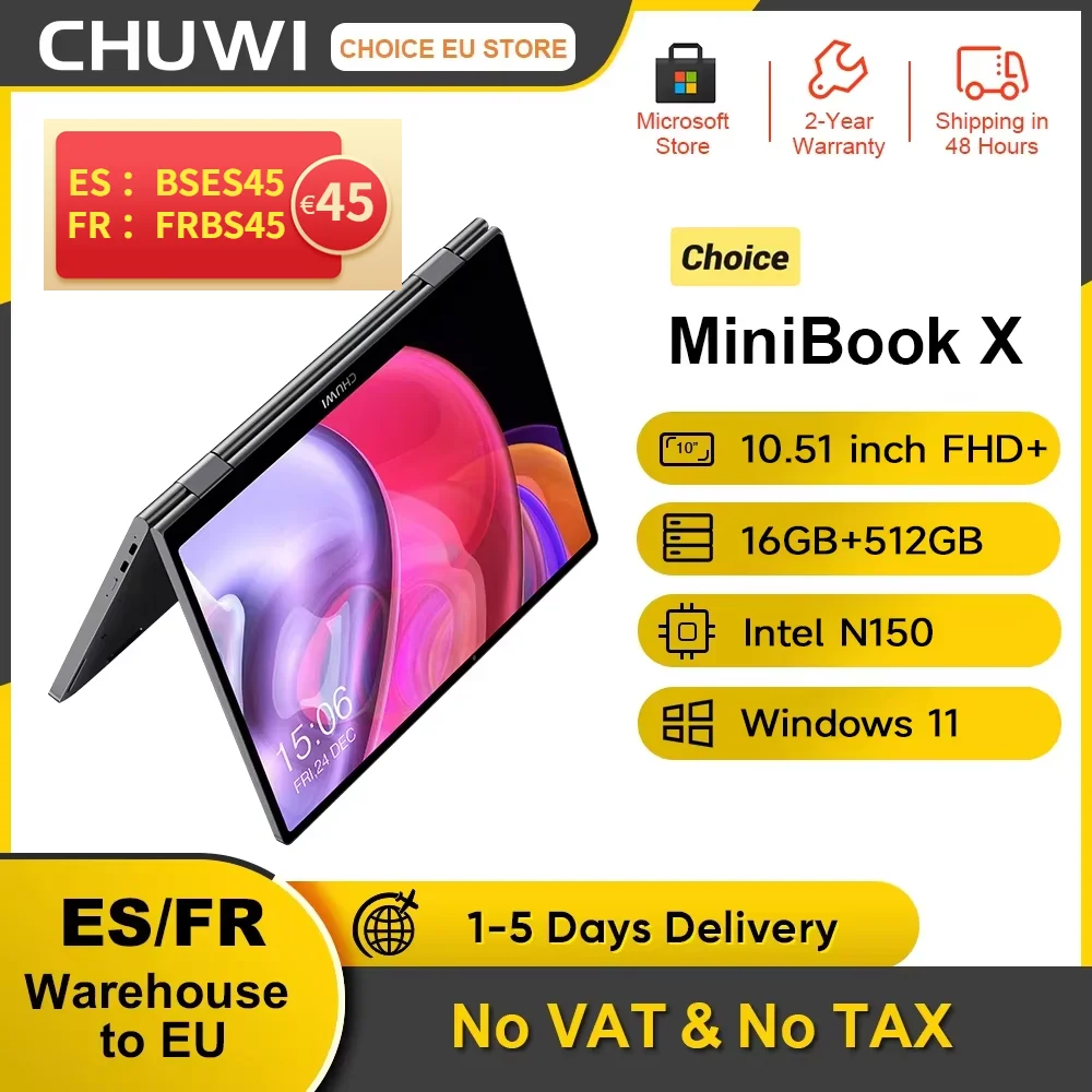 CHUWI MiniBook X N150 Laptop da 10,51 pollici 16 GB di RAM 512 GB SSD Modalità Yoga 2 in 1 Notebook Intel Windows 11 360 °   WiFi 6 ribaltabile