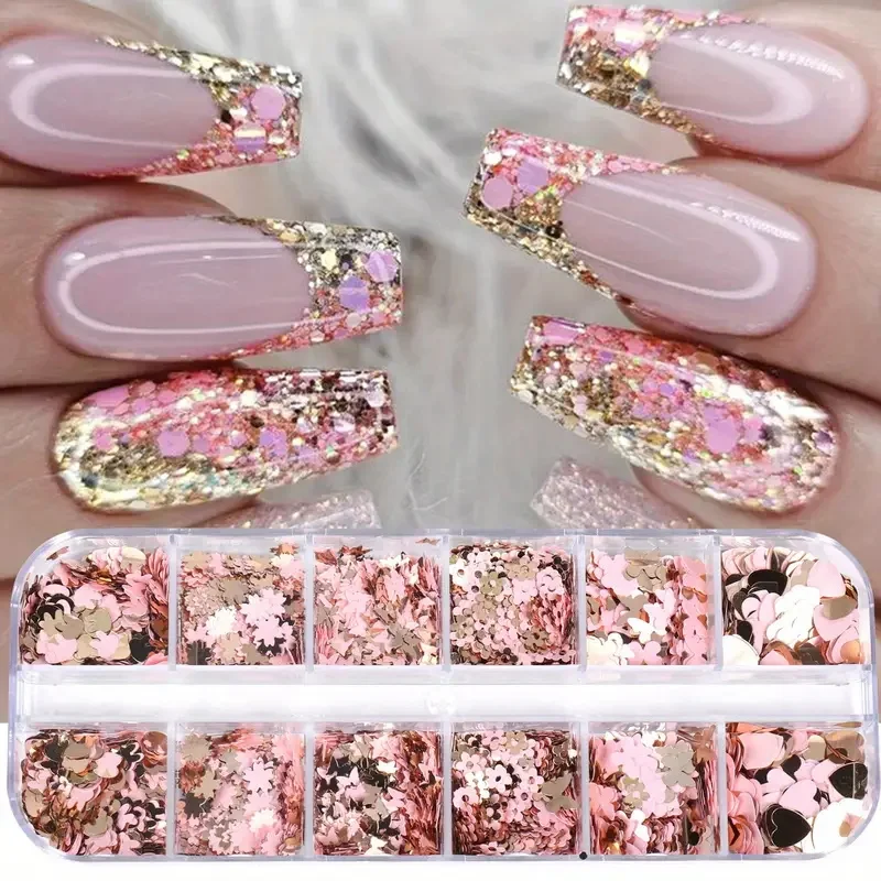 12 rejillas 3D conejo/mariposa/flor/corazón escamas de uñas vibrante oro rosa lentejuelas Kit de decoración de uñas accesorios de manicura DIY brillantes *
