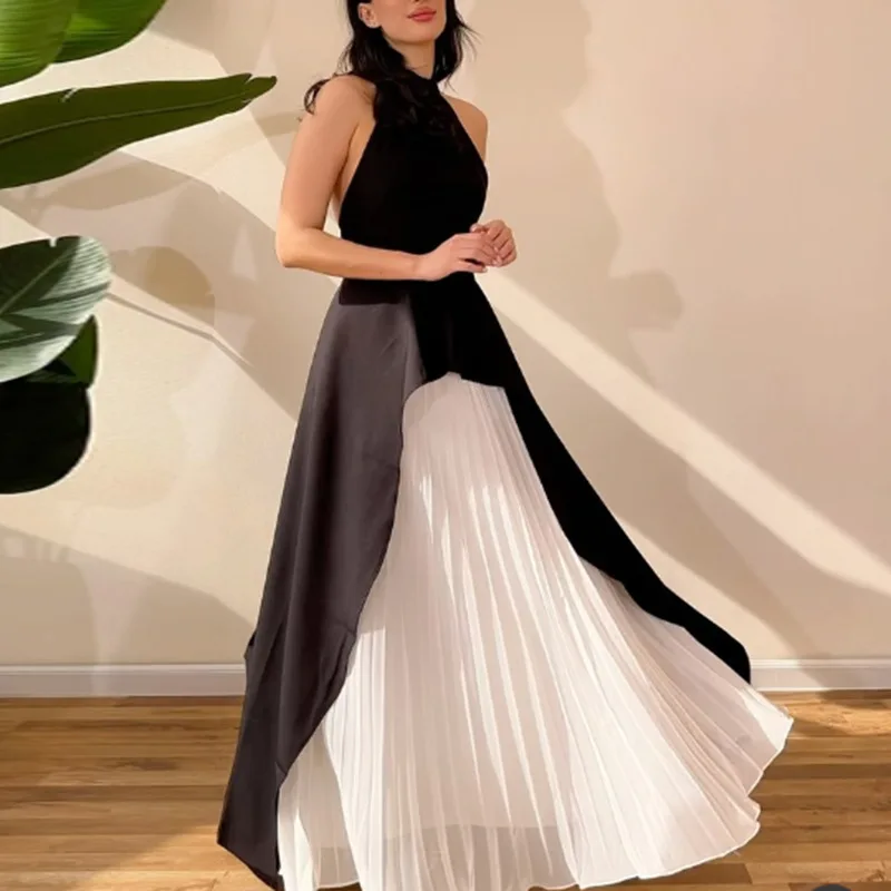 

2025 New Women's Fashion Halter Neck Sleeveless Irregular Black and White Color Matching Two-piece Suit Dress