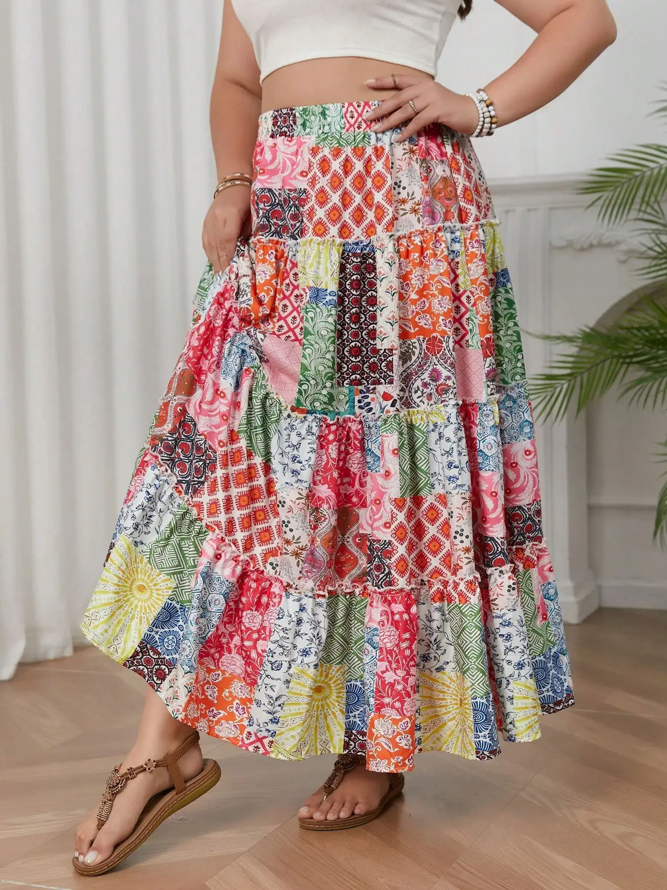 Plus size women's printed holiday style skirt spliced A-line skirt