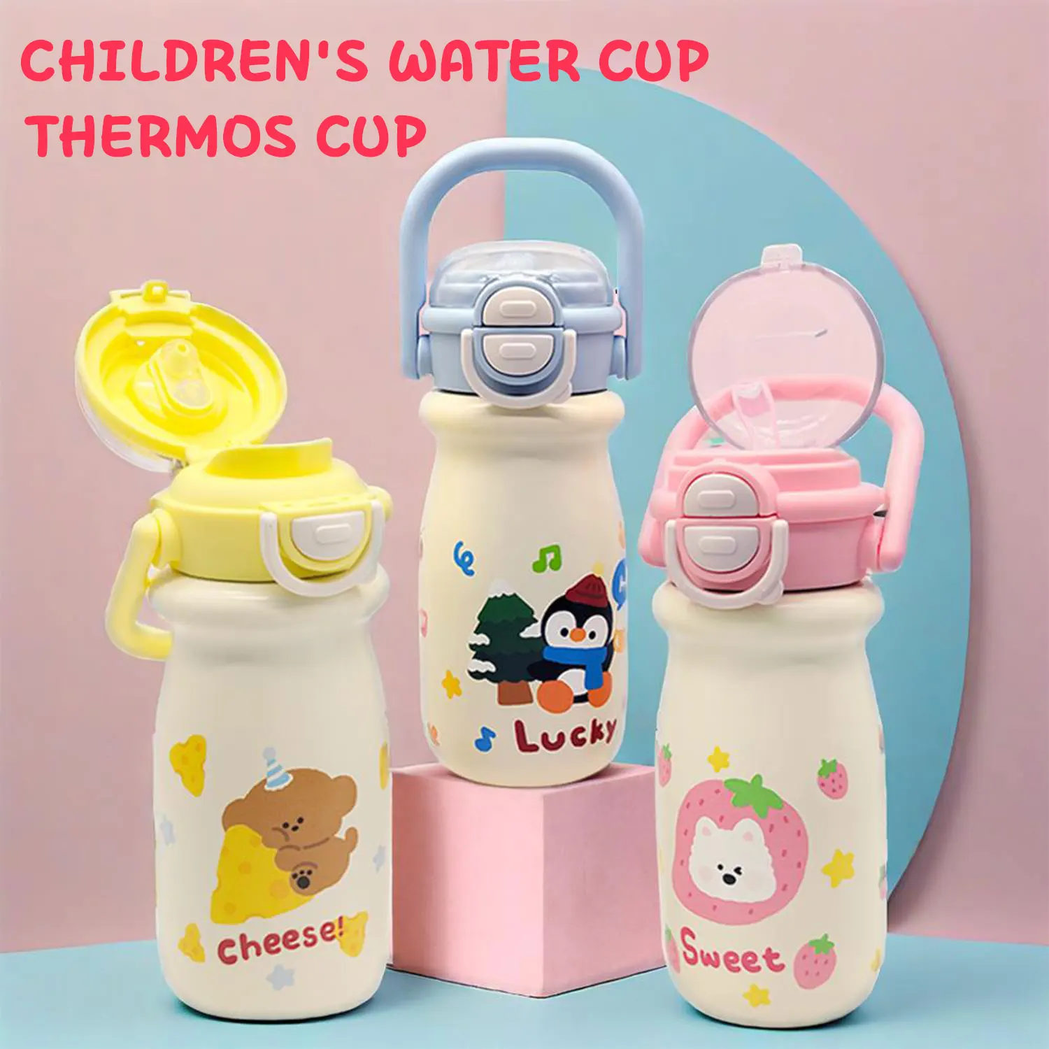 

550ml cute cartoon milk thermos cup 316 stainless steel outdoor portable handle double drinking cup Christmas gift Cold cup