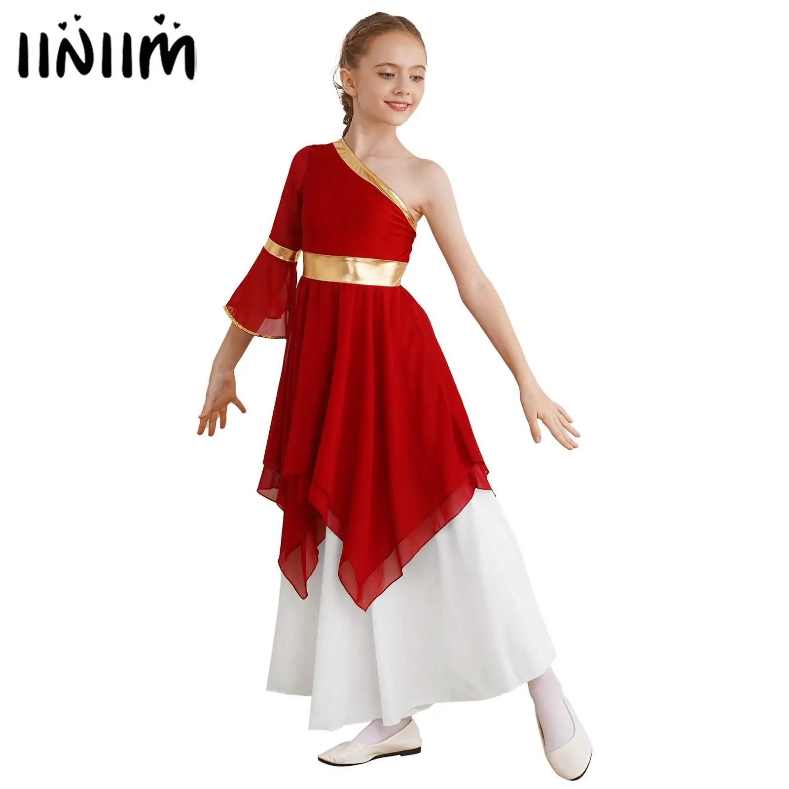 

Girls Liturgical Praise Metallic Ballet Lyrical Ballroom Dance Dress Christian Church Worship Choir Dance Performance Costume