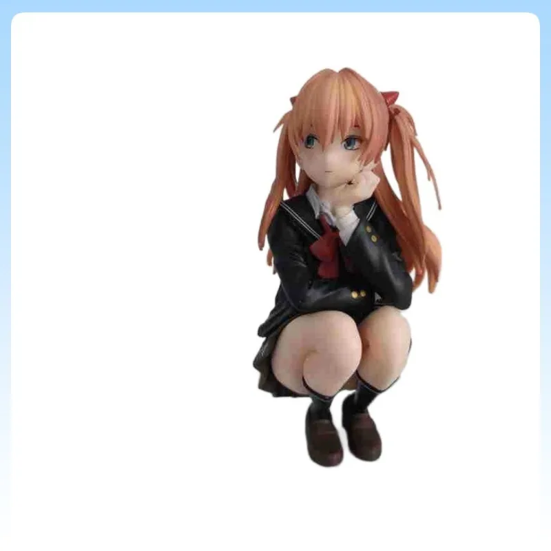 

17cm Asuka School Uniform Version Figure Squatting Pose PVC Anime Collectible Model Campus Style Desktop Decor Ornament Gifts